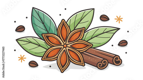 Illustration of Star Anise, Clove and Cinnamon Spices with Leaves