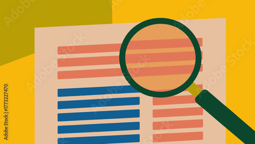 Magnifying glass examining a report for analysis purposes
