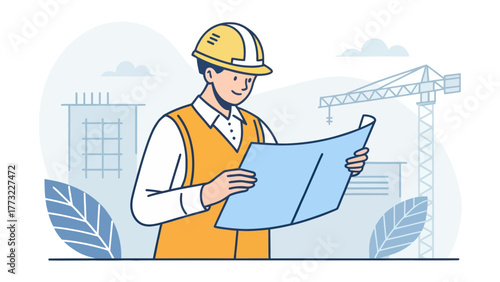 Engineer in yellow vest looking at construction plans