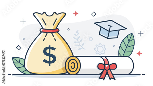 Illustration of money bag and diploma representing education loan