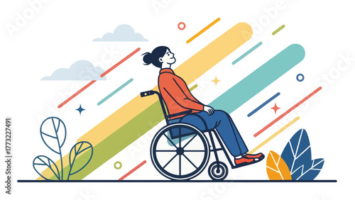 Woman using wheelchair looking up with happy expression