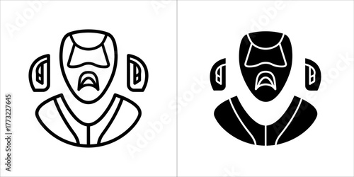Outline and filled silhouette of a futuristic helmet