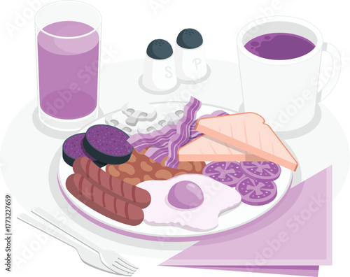 Full English breakfast with purple accents and a purple drink food meal