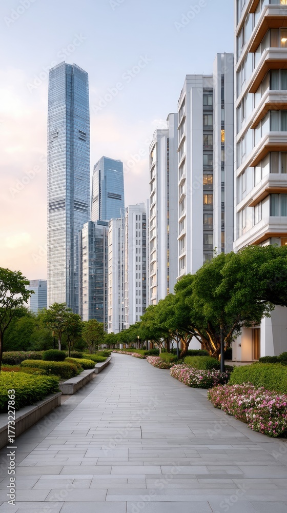 Obraz premium Modern City Park Pathway Lined With Lush Green Trees and Colorful Flowers Amidst Tall White Buildings and a Striking Skyscraper Under a Soft Evening Sky