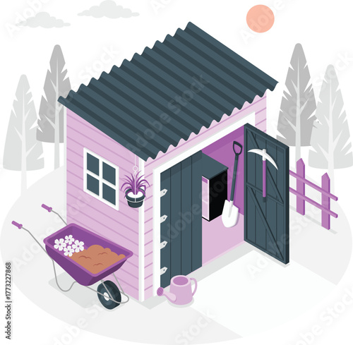 Garden shed with tools and wheelbarrow in isometric view tool shed storage