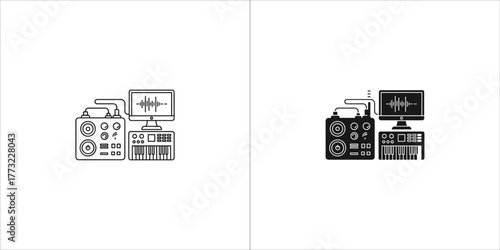 Music production setup with synthesizer, keyboard, computer, and audio interface