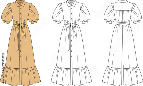 Collared dress design, puff sleeve fashion illustration, CAD garment template, flat vector drawing, button front bodice, tiered hem, waist tie