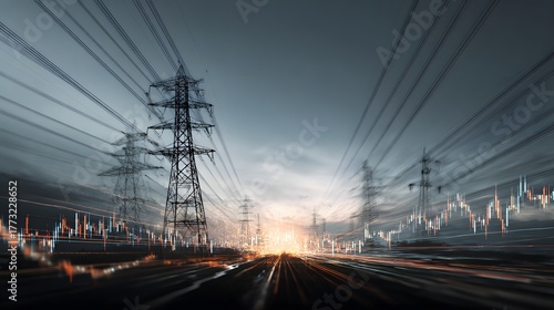 High voltage transmission towers stretch across a landscape overlaid with bright financial market data.