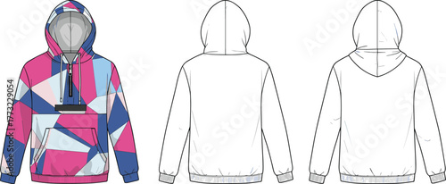 Colorful geometric hoodie technical sketch, vector streetwear design front and back views, fashion apparel mockup, unisex sweatshirt CAD illustration template
