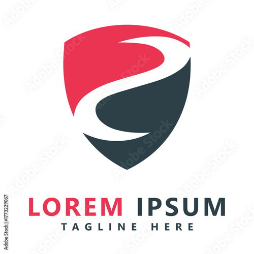 Shield Logo with Red and Dark Gray Segments and Dynamic White Curve