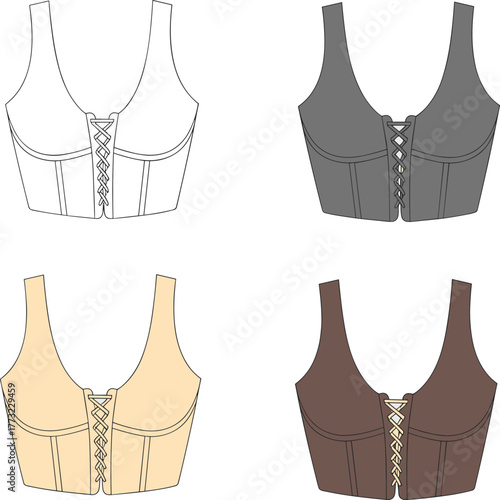Corset crop top, lace-up bustier, women’s fashion flat, clothing design vector, lingerie top illustration, fashion CAD, apparel sketch