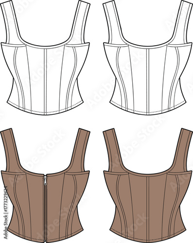 Corset style top fashion template, CAD garment drawing, flat vector illustration, princess seam design, zipper closure sketch, fitted bodice, clothing outline