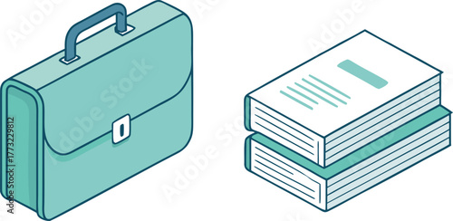 Essential toolkit for the modern professional and scholar, an isometric vector illustration featuring a sleek briefcase and a towering stack of books, representing knowledge, work, and ambition
