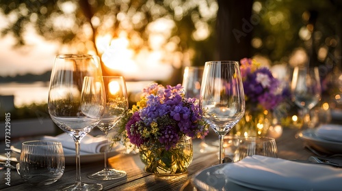 Elegant outdoor dining setting arranged on a wooden table during golden hour illumination.