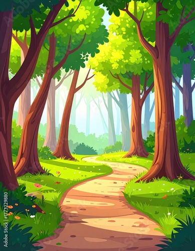 Forest path winds through sunny, lush cartoon landscape