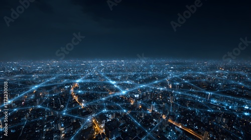 Expansive urban landscape illuminated by abstract digital data connections at night