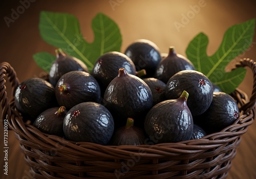 Wallpaper Mural Freshly picked ripe purple figs with green leaves in a rustic woven basket. Torontodigital.ca