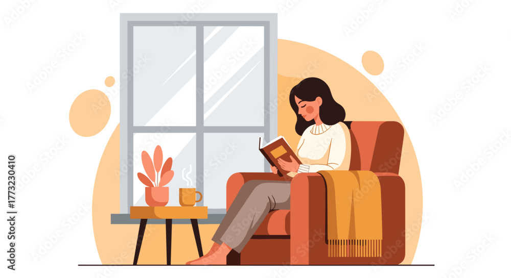 Fototapeta premium A tranquil woman enjoys a peaceful moment, deeply engrossed in reading a book while relaxing in a cozy armchair by her sunlit home window.
