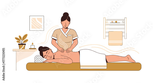 A professional masseuse provides a relaxing back massage to a woman lying on a spa table, surrounded by elements of tranquility and wellness.