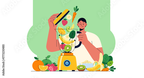 A man is preparing a healthy fruit and vegetable smoothie in a yellow blender, promoting a nutritious lifestyle and well-being.