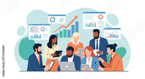 A diverse team of professionals collaborates on business strategy, analyzing data and charts to achieve growth and success in a dynamic corporate environment.