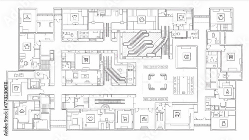 High Quality Black Line Art of Shopping Mall Floor Layout with Shops, Corridors, Escalators, and Common Areas