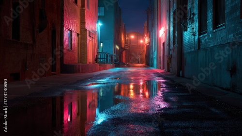 Narrow alley at night with colorful neon lights reflecting on wet pavement