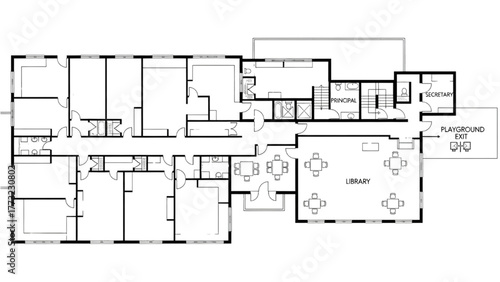 High Quality Black Line Art of School Floor Plan with Classrooms, Hallways, Library, Playground Exit, and Administrative Offices