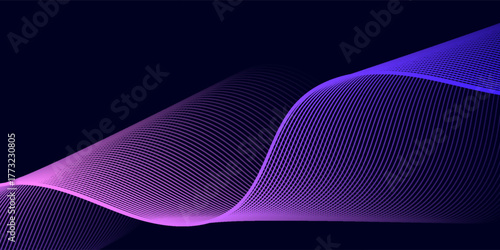 Gradient abstract waves in pink and blue shades with smooth curves and subtle contour lines on a dark blue background, symbolizing fluidity, data or sound flow.