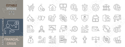 Financial crisis icon set. Editable line icons. Vector illustration.