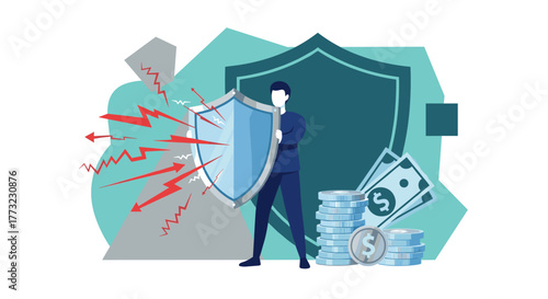 Illustrating the critical concept of financial security, an individual uses a shield to protect valuable assets from potential risks and economic instability.
