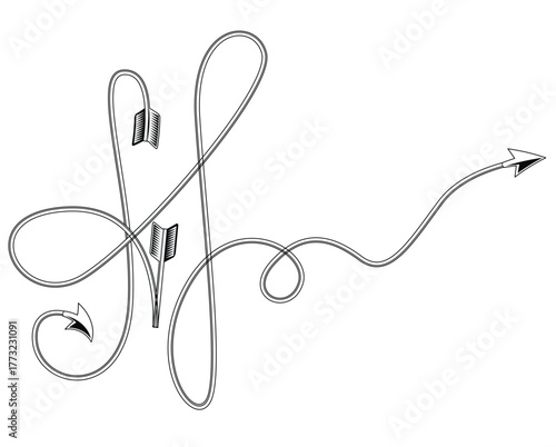 An elegant black and white illustration of an arrow piercing a rope