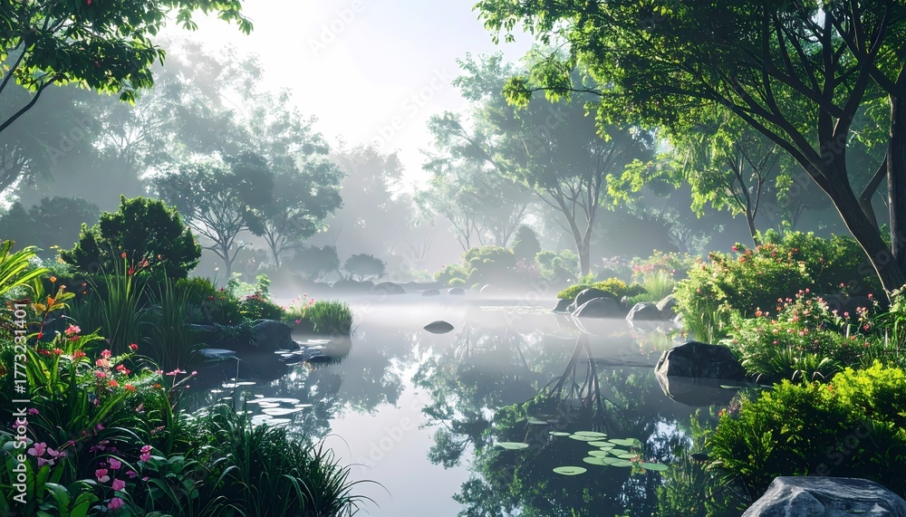 Naklejka premium Misty Morning Serenity: Tranquil Pond in a Lush Green Garden.
