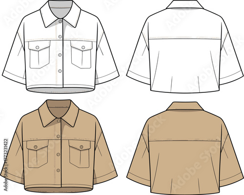Cropped button up shirt fashion template, CAD garment drawing, flat vector illustration, short sleeve design, chest pocket sketch, clothing outline, casual apparel