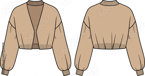 Cropped cardigan sweater fashion template, CAD garment drawing, flat vector illustration, balloon sleeve design, ribbed hem sketch, clothing outline, knitwear concept