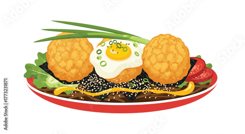 Delicious Fried Food Platter with Egg and Green Onions.