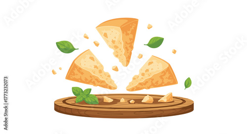 Parmesan cheese slices with basil leaves on wooden board.