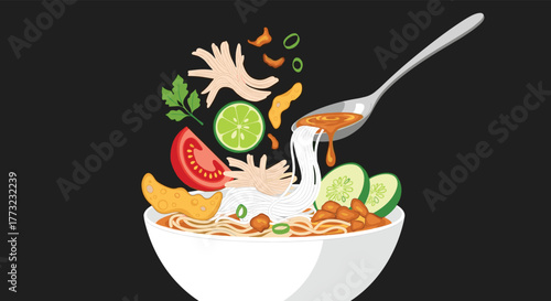 Delicious Indonesian Soto Ayam Soup with Fresh Ingredients.