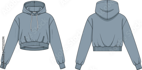 Cropped hoodie technical flat sketch, sweatshirt fashion design, front back view, apparel template, vector illustration, CAD drawing, clothing mockup style