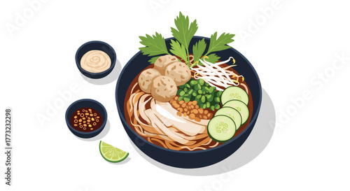 Delicious Asian Noodles with Meatballs and Fresh Vegetables.