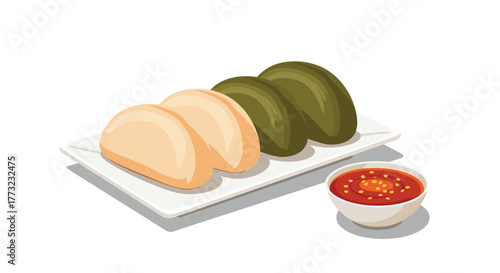 Delicious Asian Dumplings with Spicy Sauce on a White Plate.