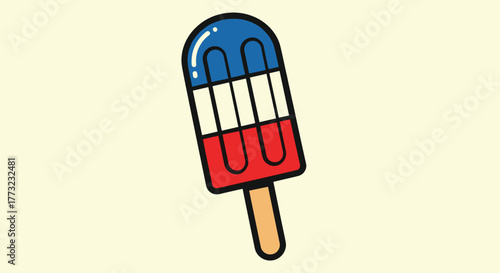 Patriotic popsicle with red white and blue colors on a stick.