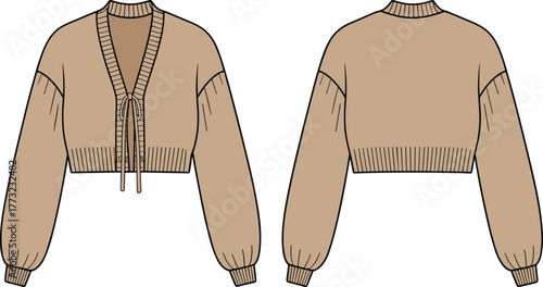 Cropped cardigan sweater fashion template, CAD garment drawing, flat vector illustration, tie front design, balloon sleeve sketch, ribbed hem, clothing outline