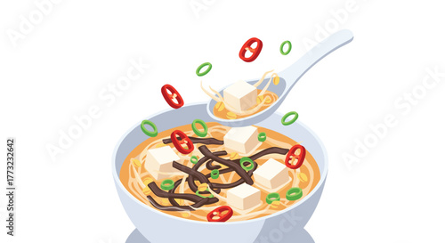 Delicious Asian Soup with Tofu and Vegetables in a Bowl.