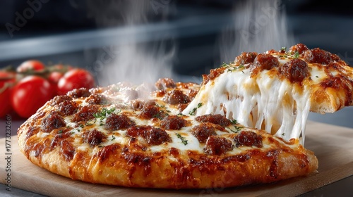 Wallpaper Mural Steaming pizza with pulled slice, meatballs, cheese, and tomatoes Torontodigital.ca