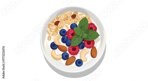 Delicious breakfast bowl with fresh berries and nuts.