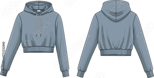 Cropped hoodie, fashion apparel, vector sweatshirt, garment flat sketch, hoodie template, clothing design, casual wear illustration, CAD drawing, streetwear style, modern fleece top