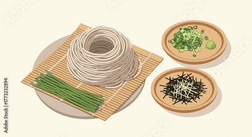 Delicious Japanese Soba Noodles with Garnishes and Sides.