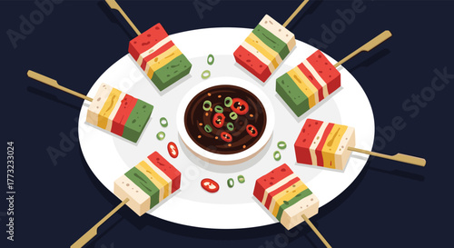 Colorful Skewered Food Presentation with Dipping Sauce on White Plate.