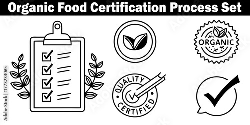 Organic Food Certification Process Vector Set. Vector pictograms in a Checklist with Plants, Leaves, Quality Seal, and Speech Bubble Confirmation Icon in Black and White Outline Style.